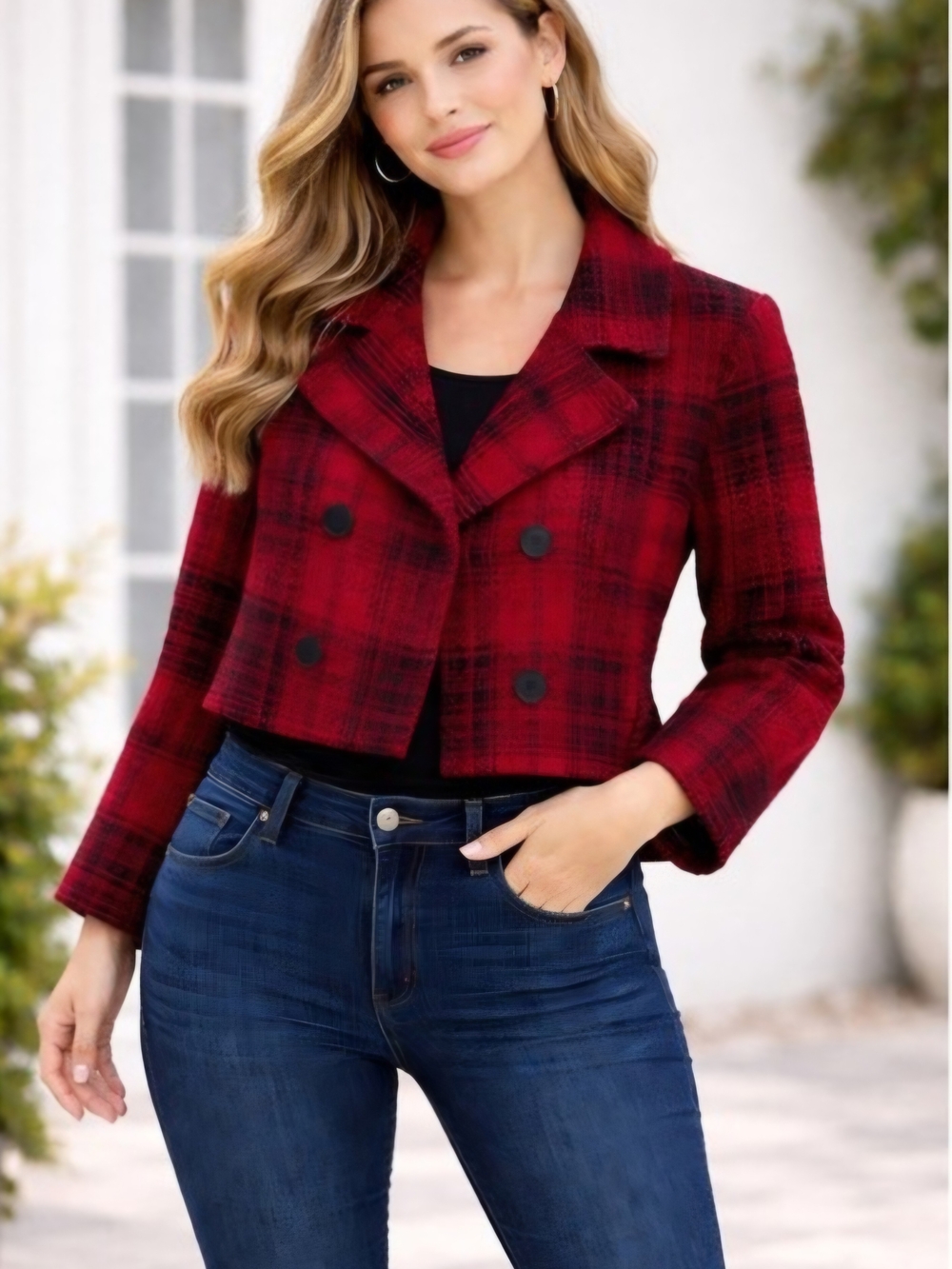 Talbots Red Plaid Cropped Double-Breasted Jacket